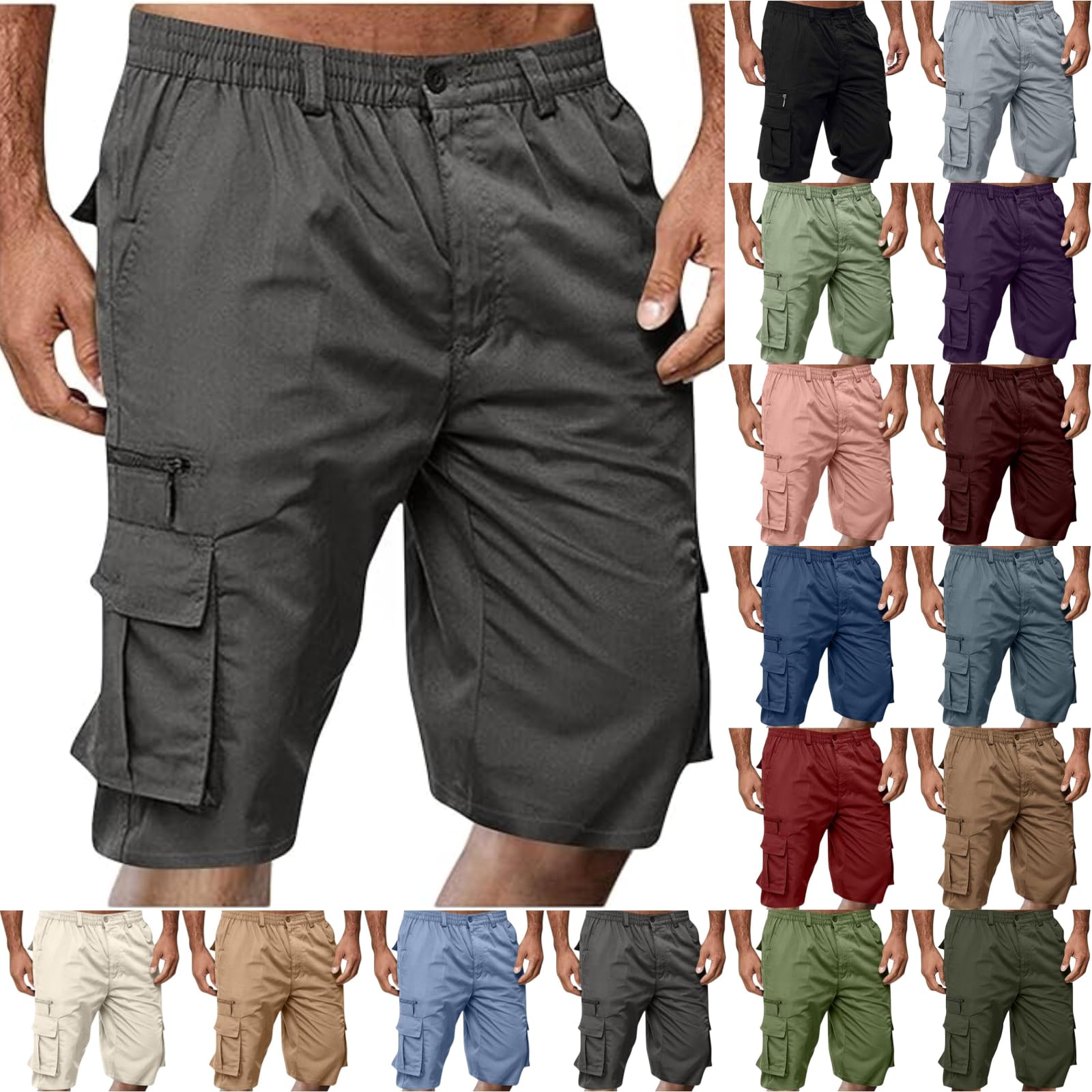 Cargo Shorts for Men Casual Summer Hiking Pants Elastic Waist Big and Tall Knee Length Multi-Pockets Bermuda Shorts